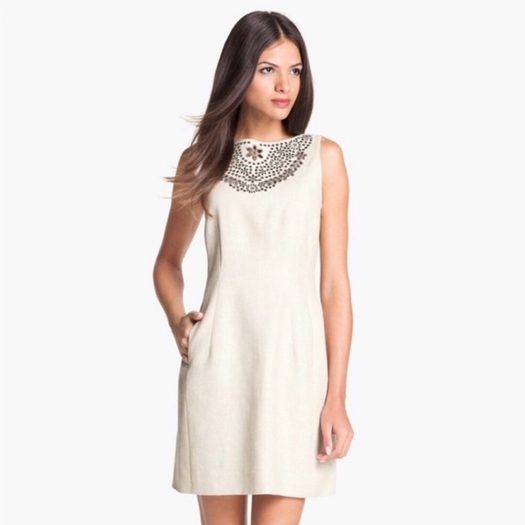 Kate Spade Domino Size 0 Shift Dress Cream Linen elegant embellished neckline - Picture 3 of 11